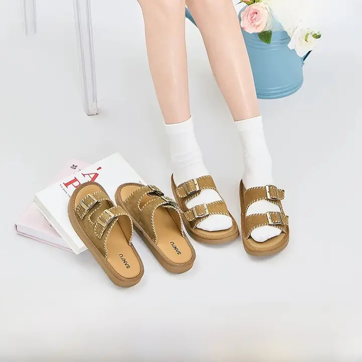 女性用夏季リゾート風サンダル【オープントゥ・中厚底・外縫いデザイン】