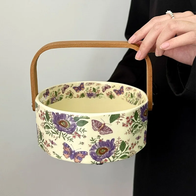 ビンテージデザインの紫菀花陶器製フルーツバスケット：おしゃれなピクニックやホームパーティーに最適な収納ソリューション