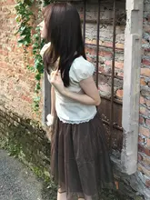 春夏用 フェミニンなブラウンメッシュ切替 Aラインハーフスカート【極上の柔らかさ・フレアデザイン】（セットアップ対応）