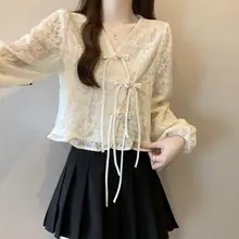 国風盤扣Vネックシャツ【大きいサイズ・春秋用・パフスリーブ・洗練されたデザイン】