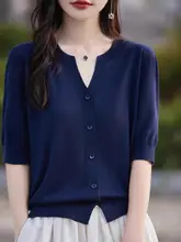 リネンブレンドの五分袖カーディガン【薄手・ファッション・フランス風】（セットアップ対応）