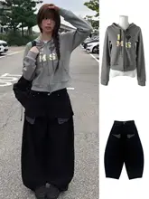 ユニークな韓国風レトロストライプの字母プリントジップ長袖スウェットパーカー【チェック柄パンツ付き・カジュアル】（セットアップ対応）