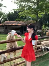 赤の薄手ワンピース【ウエスト細見え・ドット柄・夏用】（セットアップ対応）