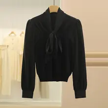 シルク混ドッキングデザインのリボン付シャツ【春夏向け】（セットアップ対応）