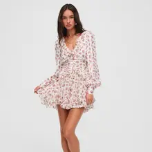 法式ロマンティックフラワープリント長袖ドレス【レースフリル・ウエストマーク・スリムフィット】