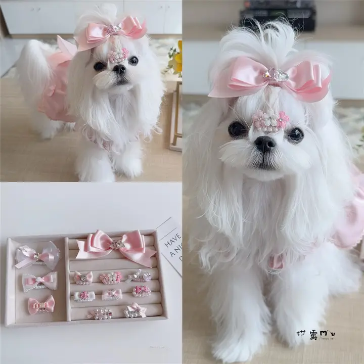 ヘアクリップ 犬用 クリームピンク フリンジデザイン カエル形