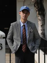 テーラードジャケット メンズ 千鳥格子 バッジ付き スリム ブリティッシュ ダンディ きれいめ プレッピー パーティー フォーマル