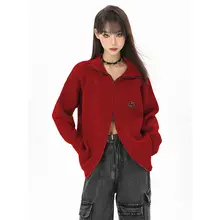赤色タートルネックニットカーディガン【秋冬用・厚手・レディース】