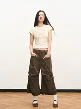 ブラウンレース切り替えのプリーツワイドパンツ【カジュアル・八分丈・女性用】