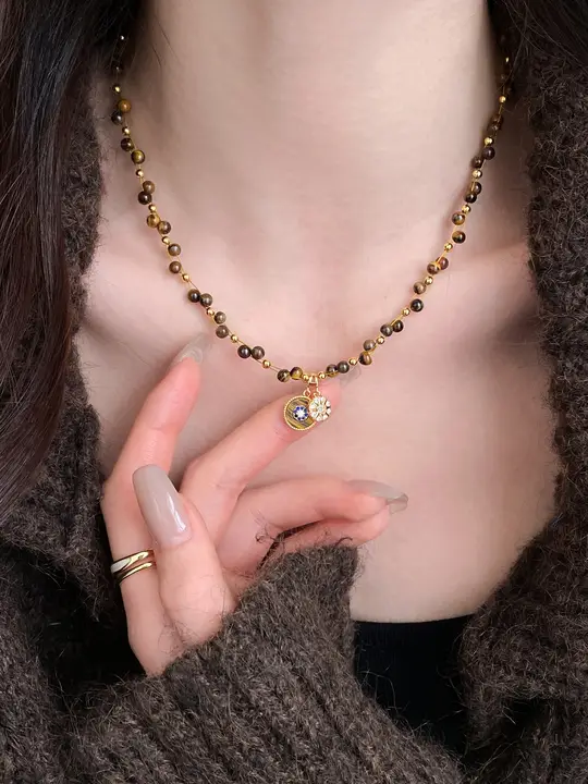 ネックレス レディース タイガーアイ ビーズ 八芒星 ディスク 上品 ロング