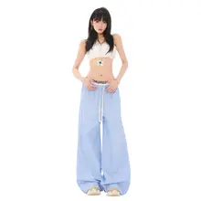 ブルーストライプのダブルウエストワイドパンツ【夏用・コットン混・フィット・スリム効果】（セットアップ対応）