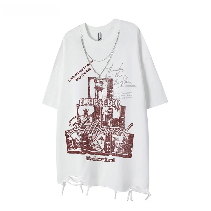 ダークスタイルのラウンドネック半袖Tシャツ【ヒップホップ・破れデザイン・チェーン付き】