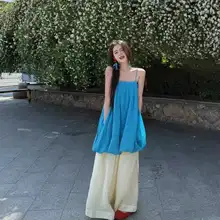 フランス風ヴィンテージデザインの感漂う海塩ブルーキャミソール＆ワイドパンツ（セットアップ対応）