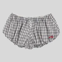 グレーのAラインフラワーボトムショートパンツ【女性用・夏用・チェック柄・極上の柔らかさ】（セットアップ対応）