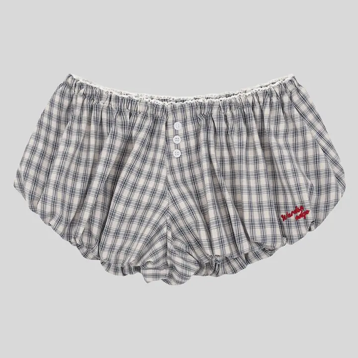 グレーのAラインフラワーボトムショートパンツ【女性用・夏用・チェック柄・極上の柔らかさ】（セットアップ対応）