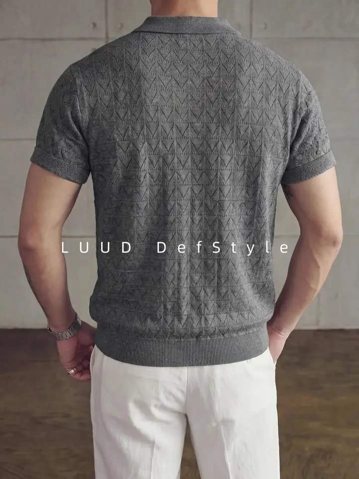 ニットポロシャツ メンズ 半袖 Vネック カットアウト ジャカード編み 通気性 大人っぽく  「LUUD」