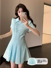 極上の柔らかさ！POLOリ necklineの学院風短袖プリーツAラインワンピース【ウエストマーク・ショート丈】