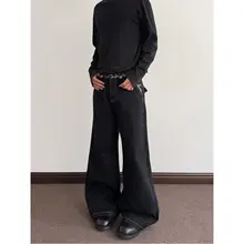 ヒョウ柄ウエストパッチワークのワイドレッグデニムパンツ【ブラック・ストレート・微フレア】