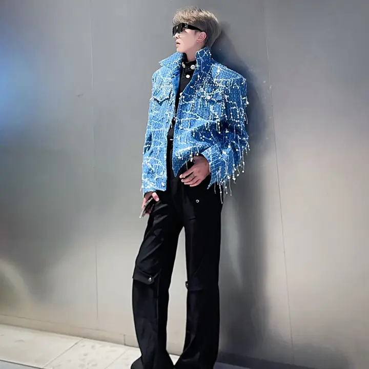 男性用デザインジャケット【デニム・装飾的なスパンコール・流れるフリンジ・クールなスタイル】