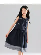 学院風リボン付きチェック柄中長丈ドレス【ネイビー・子供用】（セットアップ対応）