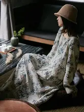 リネン混合素材の春秋用ワンピース【ゆったりシルエット・田舎風・プリントロングスカート】