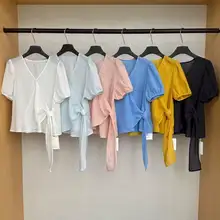 泡パフスリーブVネックラップトップ【シルエットを美しく見せる・夏用】（セットアップ対応）