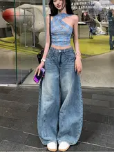 ハイウエストのスリムシルエットデニムパンツ【レディース・ワイドレッグ・夏用】