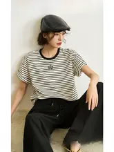 夏のカジュアル通勤向けバイカラーストライプ半袖Tシャツ【ゆったりフィット・ショート丈】
