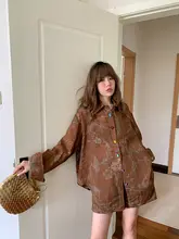 春秋用 レディース リネンプリント長袖シャツとショートパンツのコーディネート（セットアップ対応）