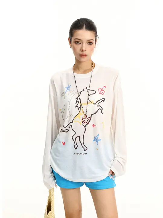 長袖Tシャツ レディース リヨセル 手描きポニー 薄手 ルーズ 夏 UVカットトップス 紫外線対策「BIGGOLD」