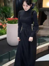 シンプルなデザインの春用長袖ドレス【カジュアル・ウエストシェイプ・フルレングス】