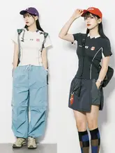 レディース 夏用Vネック短袖Tシャツ【アメリカンレトロ・カラーブロック・フィット感】