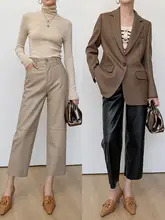 9分レザーパンツ 女性 ハイウエスト ゴム連結 裏起毛 秋冬 通勤 ゆったり スリム ストレート カジュアルパンツ