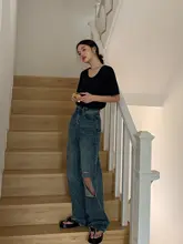 白色 Uネック 半袖 Tシャツ 女性 夏用 ゆったりとした コットン