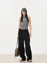 個性的なドローストリング付きデニムパンツ【ゆったりとしたブラックワイドレッグ・カジュアルロングパンツ】