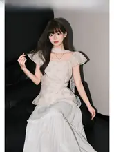 蝶結びデザインのワンショルダーシャツ【エレガント・ライトグリーン・フリル袖・ウエストシェイプ】