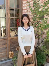 犬刺繍入りニットセーター【Vネック・バイカラー・ケーブル編み・レディース】