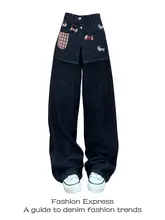 秋冬用デザイン！腸詰犬刺繍入り格子柄デニムパンツ【偽二重・ワイドレッグ】（セットアップ対応）