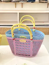 バスケット 収納かご 手提げ 編み込み メッシュ ビビッドカラー スーパー 買い物 ピクニック おやつ入れ