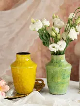 フランス風 陶器製花瓶【ヴィンテージ・緑色・油絵デザイン・ドライフラワー・生花対応】