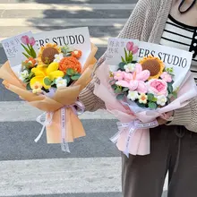 手作り編みのひまわりとチューリップのミックス造花ブーケ【母の日や誕生日のギフトに最適】