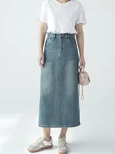 ヴィンテージ風 ブルー デニム スリット入り ハイウエスト レディース スカート【中丈・スタイルアップ】