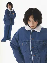 レトロデザインのブルー羊羔毛デニムジャケット【冬用・厚手・翻領】