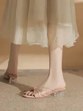 クリスタルヒールの夏用ミュール【中ヒール・ピンク・ドレスに合わせやすい】