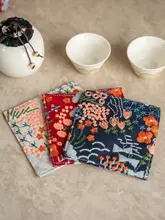 中式刺繍デザインの厚手コースター【綿麻製・四角形・熱遮断】