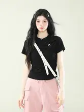 AONW 夏用 月型フリルデザインウエスト絞りショートスリーブTシャツ【レディース・スリムフィット・デザイン性あり】