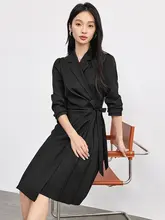 秋季用ビジネスワンピース【ウエストリボン・不規則裾・長袖・プリーツデザイン】（セットアップ対応）