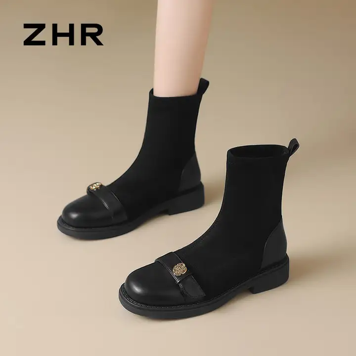 ソックスブーツ ショートブーツ レディース ミドル丈 マルチンブーツ ストレッチ フラット ヴィンテージ スリム 秋「ZHR」