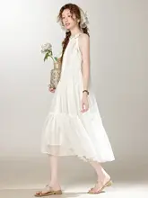 夏用 白色薄手シフォンのノースリーブワンピース【ゆったりデザイン・ロング丈】
