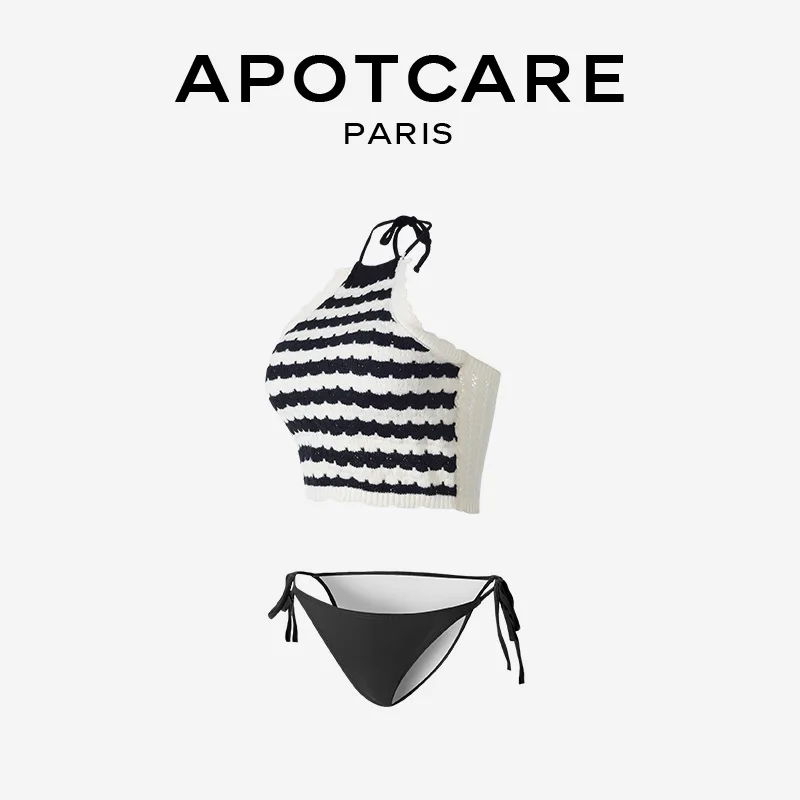 APOTCARE 黒白モノクロ波模様スイムウェア：女性用背中オープンバンド付きの機能性と着心地
